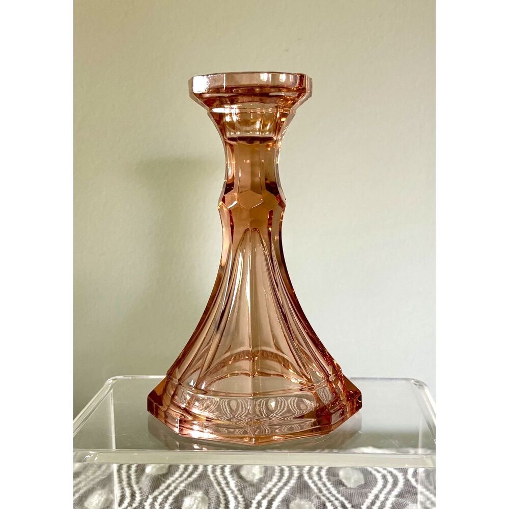 VTG Pink Depression Glass Candlestick Art Deco Pressed Octagon Elegant Holder